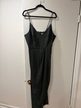 BHLDN Dark Green Midi Slip Dress with Spaghetti Straps